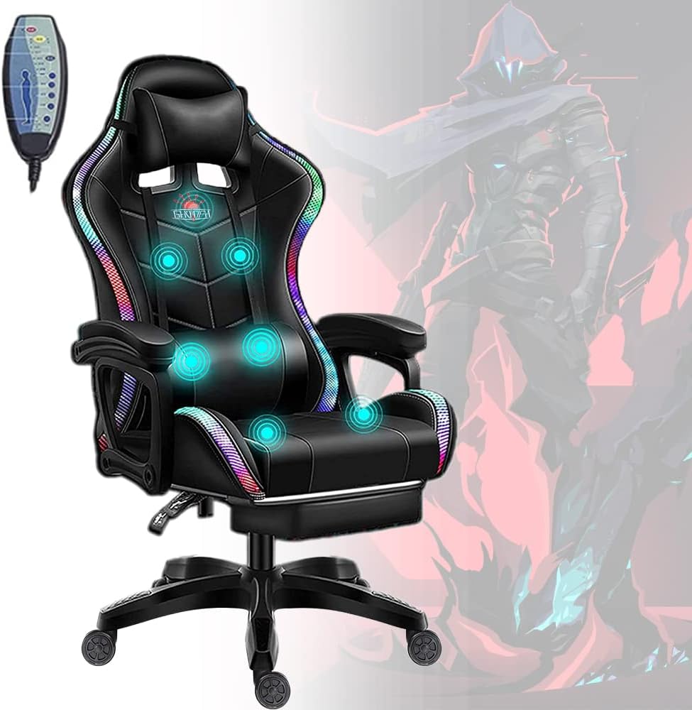 LED Lights Gaming Chair with Speakers, Ergonomic Video Office Chair with Massage, Computer Desk Chair with Headrest and Lumbar Support, College Dorm Essentials for Guys,Black