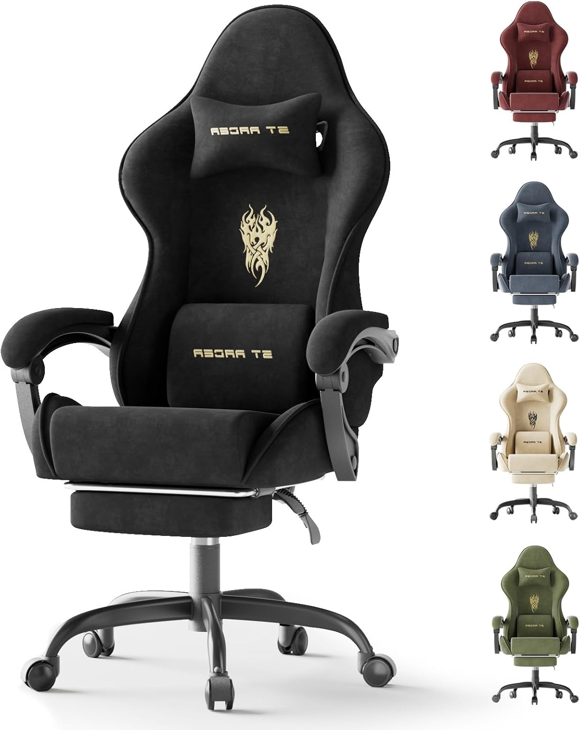 Huracan Velvet Racing Gaming Chair for Adults - Ergonomic Game Chair with Massage Lumbar Pad, Retractable Footrest & Spring Seat Cushion Home Office Video Game Chair, Black