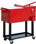 Outsunny 80 QT Rolling Cooling Bins Ice Chest on Wheels Outdoor Stand Up Drink Cooler Cart for Party, Red