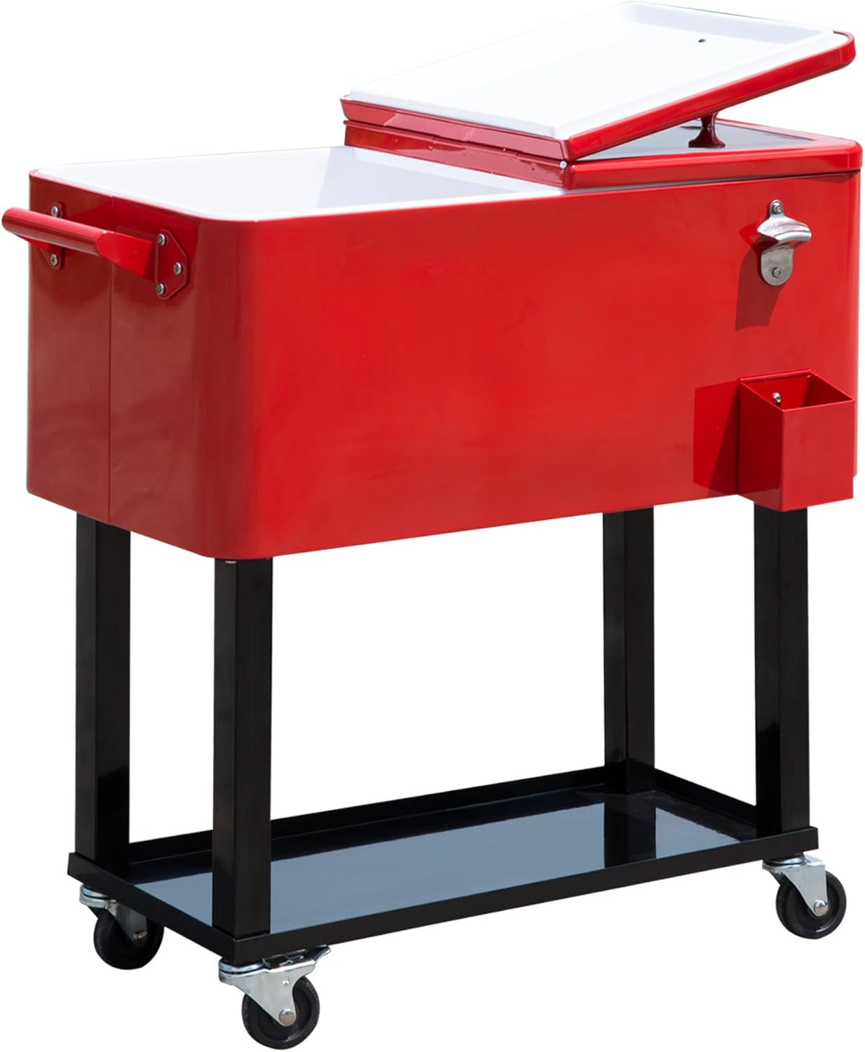 Outsunny 80 QT Rolling Cooling Bins Ice Chest on Wheels Outdoor Stand Up Drink Cooler Cart for Party, Red