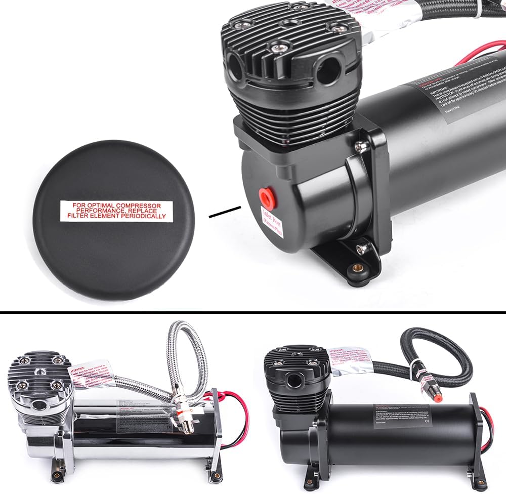 Heavy Duty 200 PSI Air horn Compressor Dual Value Pack, 1/4 NPT Train Horn/Air Ride Compressor, Fittings for 12V Train/Truck/Car BLACK