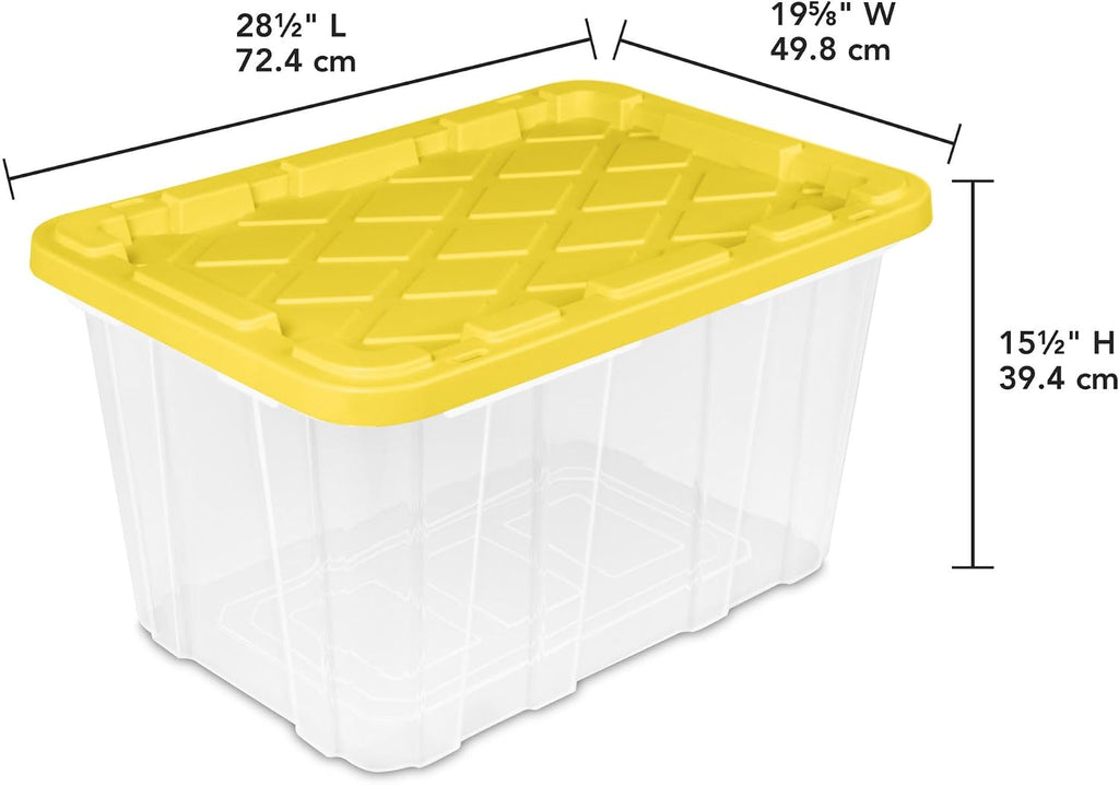 Sterilite 4 Tier Tote Rack, Vertical Plastic Organizer with 4 Pack 27 Gallon Industrial Storage Totes, Clear - for Garages, Workshops, or Basements