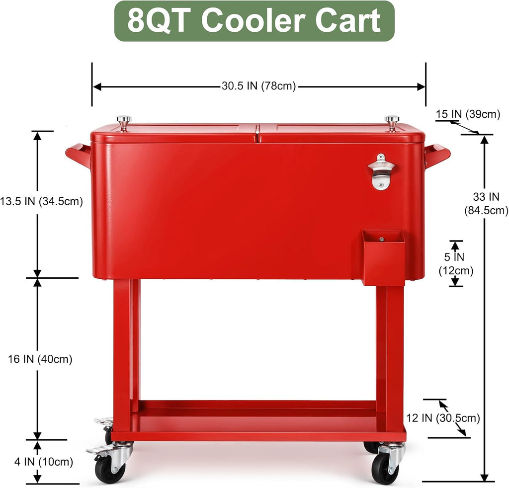 80 Quart Rolling Ice Chest Cooler Cart,Patio Backyard Party Drink Beverage Bar Stand Up Cooler Trolley with Ice Scoop