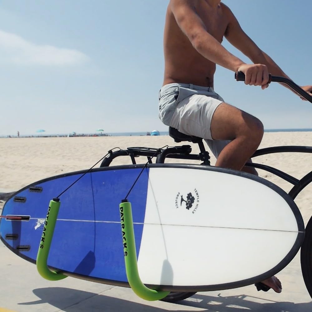 PAT RACKS Premium Longboard Bike Rack – Dual Arm Bicycle Carrier, 12mm Foam, Adjustable Seat Post Attachment, Easy Fast Install, Longboards, SUP Paddle Boards, Shortboards, Bodyboards, Boogie Boards