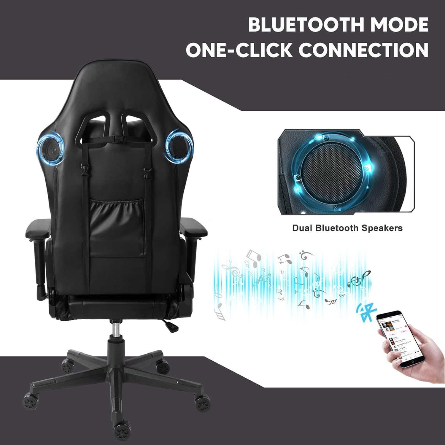 Ergonomic Office Chair with 7-Pointed Vibration Massage and Footrest, Big and Tall PU Leather Gaming Chair with Speakers and RGB Lights, Computer Chair with Lumbar Support Headrest Armrest,Blac