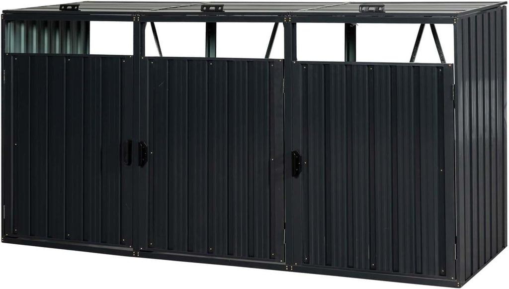 Outdoor Garbage Bin Storage Shed for 3 Trash Cans, Stainless Galvanized Steel Bin Shed with Lockable Doors, Metal Trash Can Hider for Garden Yard Lawn (Black)