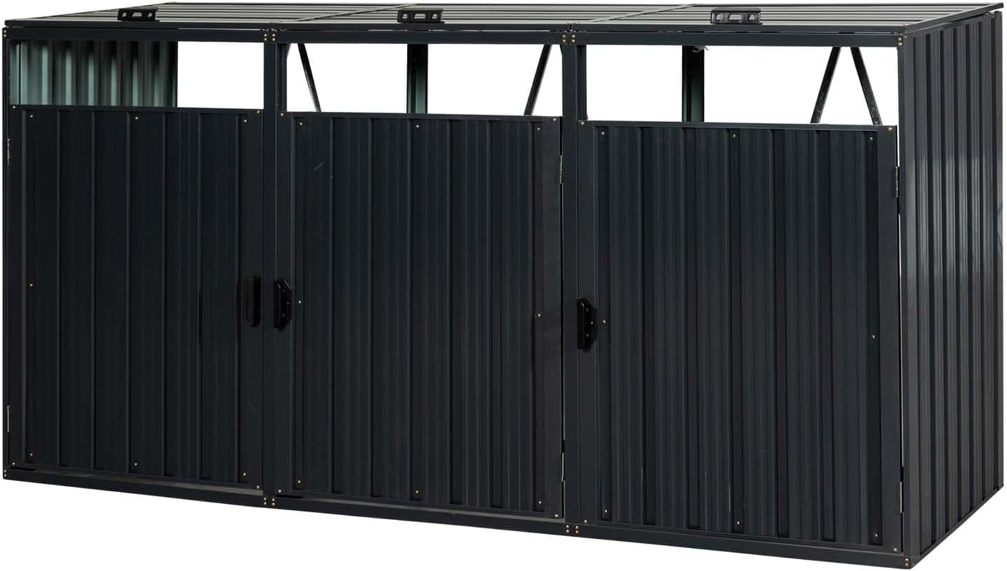 Outdoor Garbage Bin Storage Shed for 3 Trash Cans, Stainless Galvanized Steel Bin Shed with Lockable Doors, Metal Trash Can Hider for Garden Yard Lawn (Black)