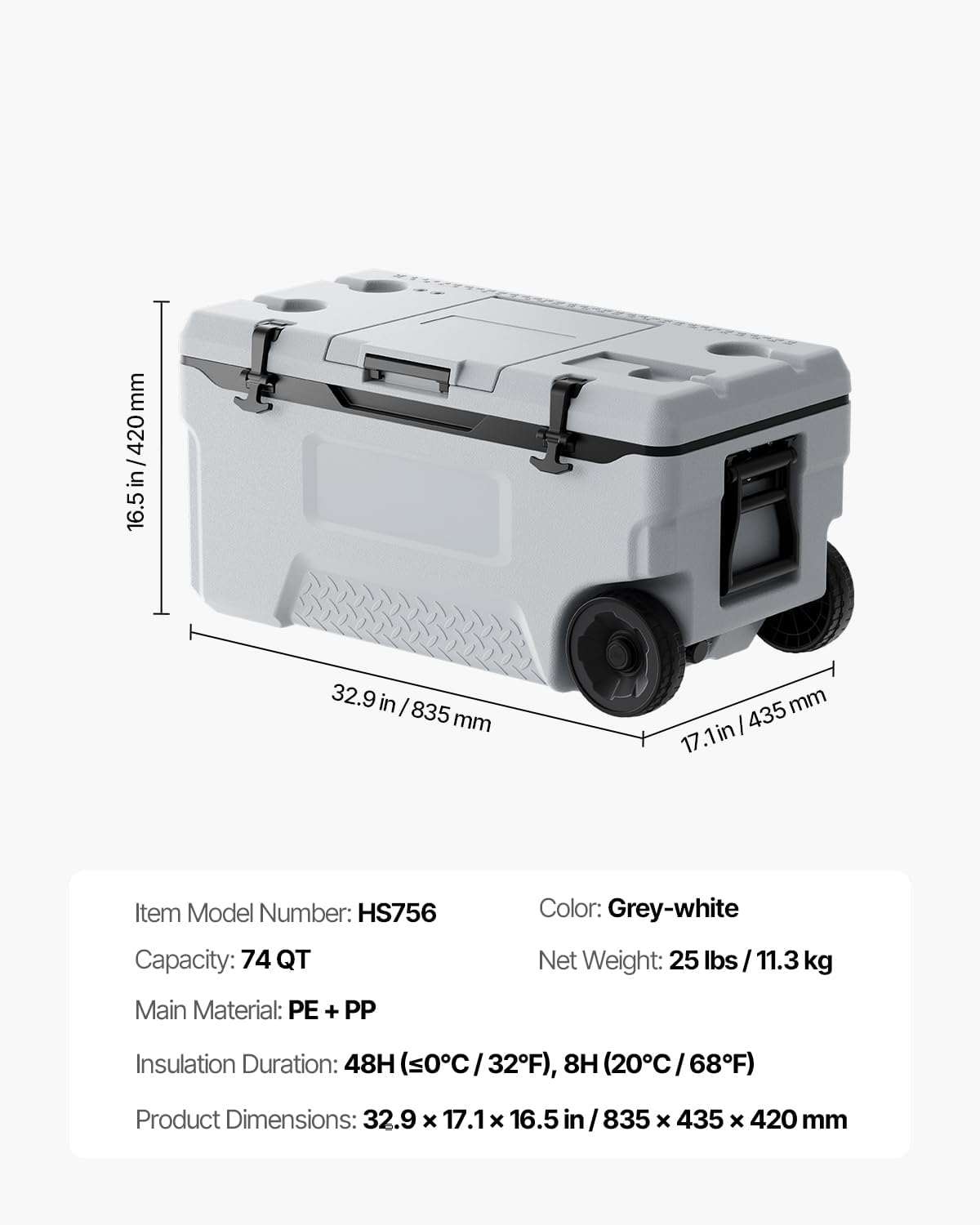 VEVOR Ultra-Light Hard Cooler, Ice Retention Cooler with Heavy Duty Handle, Ice Chest Lunch Box for Camping, Travel, Outdoor, Keeps Cool for up to 6 Days, 30% Lighter Than Rotomolded Coolers