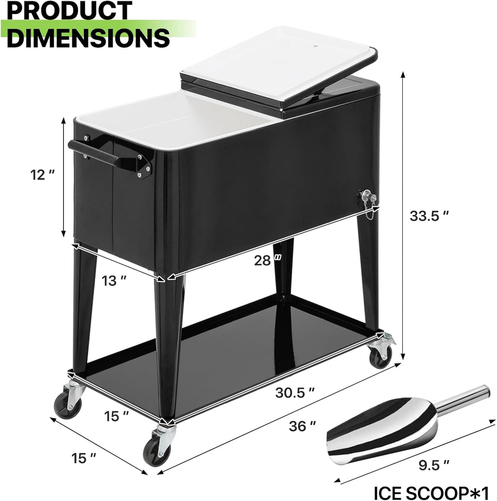 Magshion 80-Quart Patio Rolling Ice Chest Cooler Cart with Bottle Opener, Outdoor Ice Cooler Trolley with Wheels and Handle, Bar Drink Cooler Beverage Cart with Shelf for Party