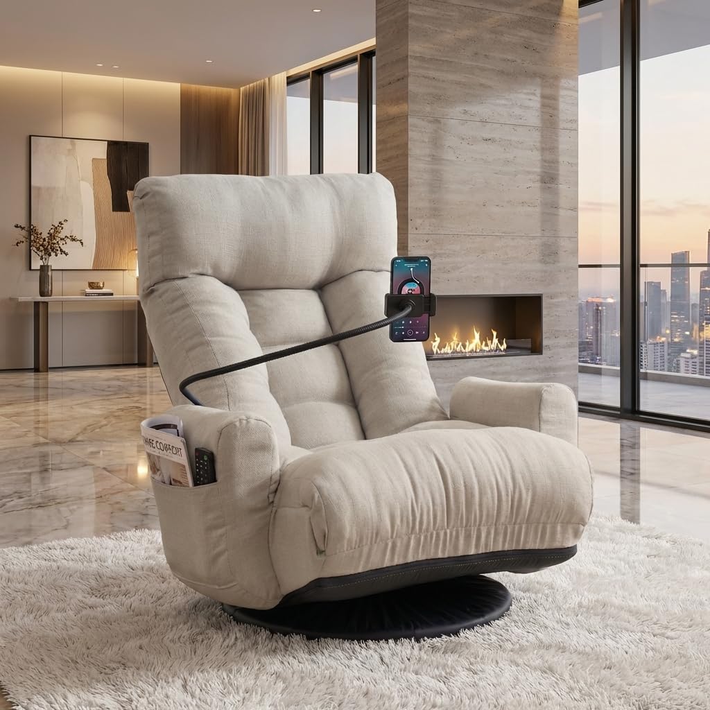 Gaming Chair Floor Sofa, Gaming Lounge Chair with 14-Section Head & 3-Section Waist Adjustment, 360° Swivel & Spring Seat for Gaming, Napping, Reading, Dorm, Small Apartment(Grey)