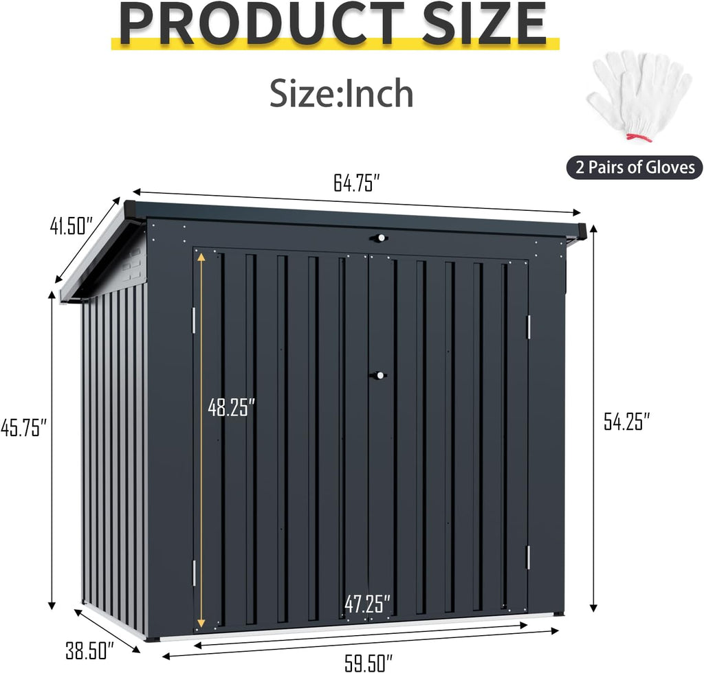 Metal Outdoor Storage Shed, Black, Galvanized Steel, 64.75x41.5x54.25 Inch, Rust Resistant, Lockable Doors, Fits 2 Trash Bins, for Garden Yard Storage