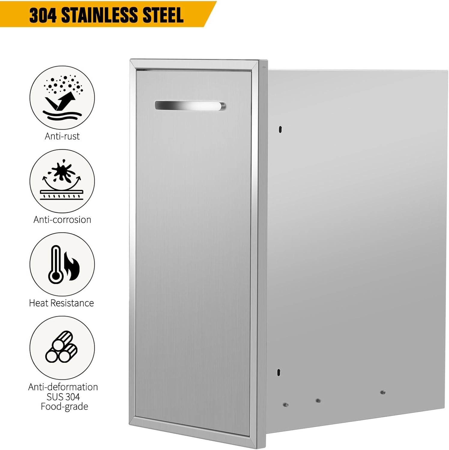 13.4''Wx25.7''Hx19.6''D Pull-Out Trash Drawer, Pull-Out Tray Outdoor Kitchen Stainless Steel Built-in Trash Bin for BBQ Island Grill Station