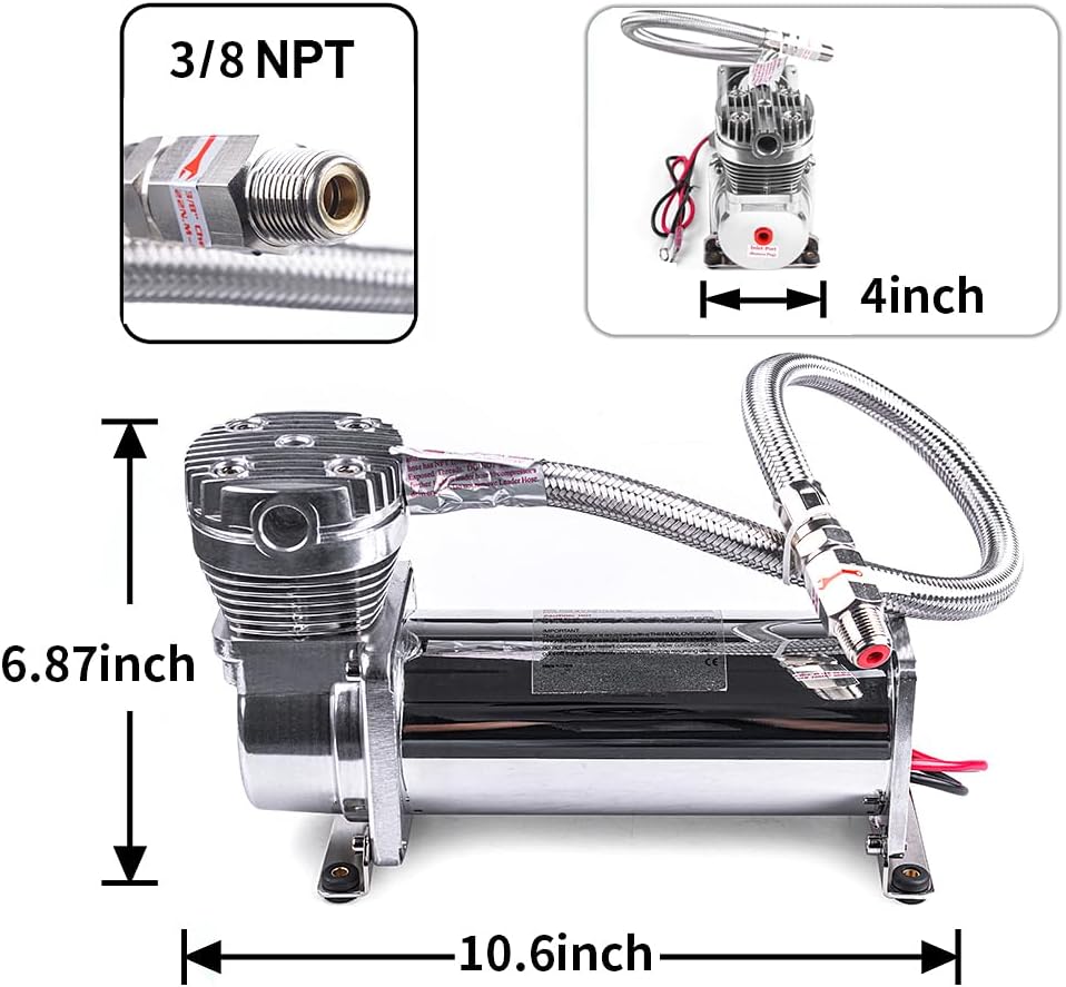 Heavy Duty 200 PSI Air horn Compressor Dual Value Pack, 3/8 NPT Train Horn/Air Ride Compressor, Fittings for 12V Train/Truck/Car,Air Suspension horn Compressor SILVER