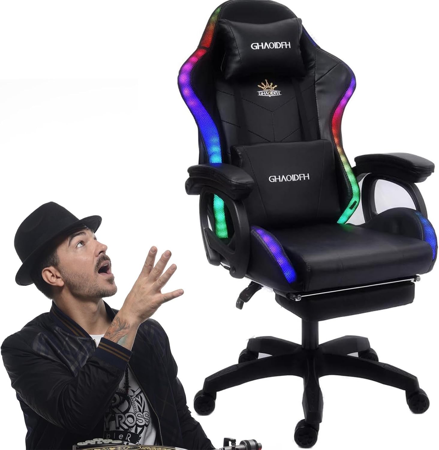 Gaming Chair with Bluetooth Speakers,Computer Chair Massage with LED Lights,Ergonomic Game Chair,Computer Stool with Footrest and Lumbar Support Height Adjustable with 360°-Swivel Seat (Black)