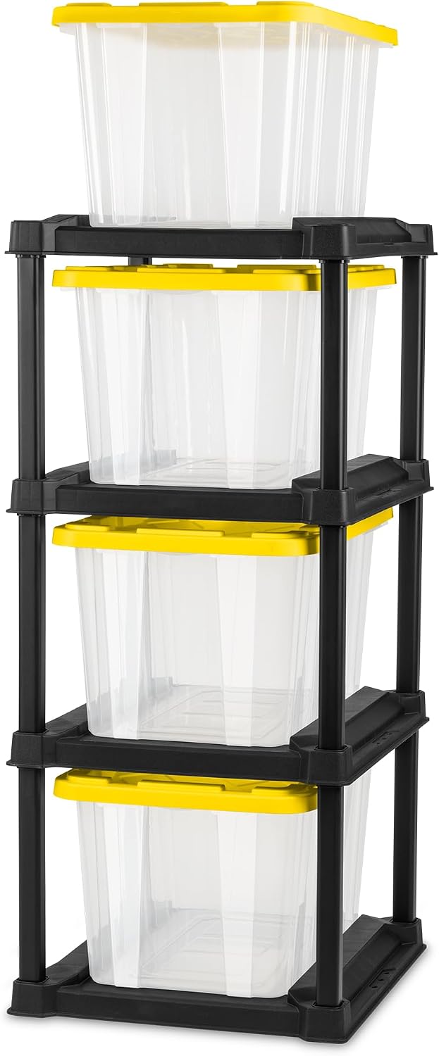 Sterilite 4 Tier Tote Rack, Vertical Plastic Organizer with 4 Pack 27 Gallon Industrial Storage Totes, Clear - for Garages, Workshops, or Basements