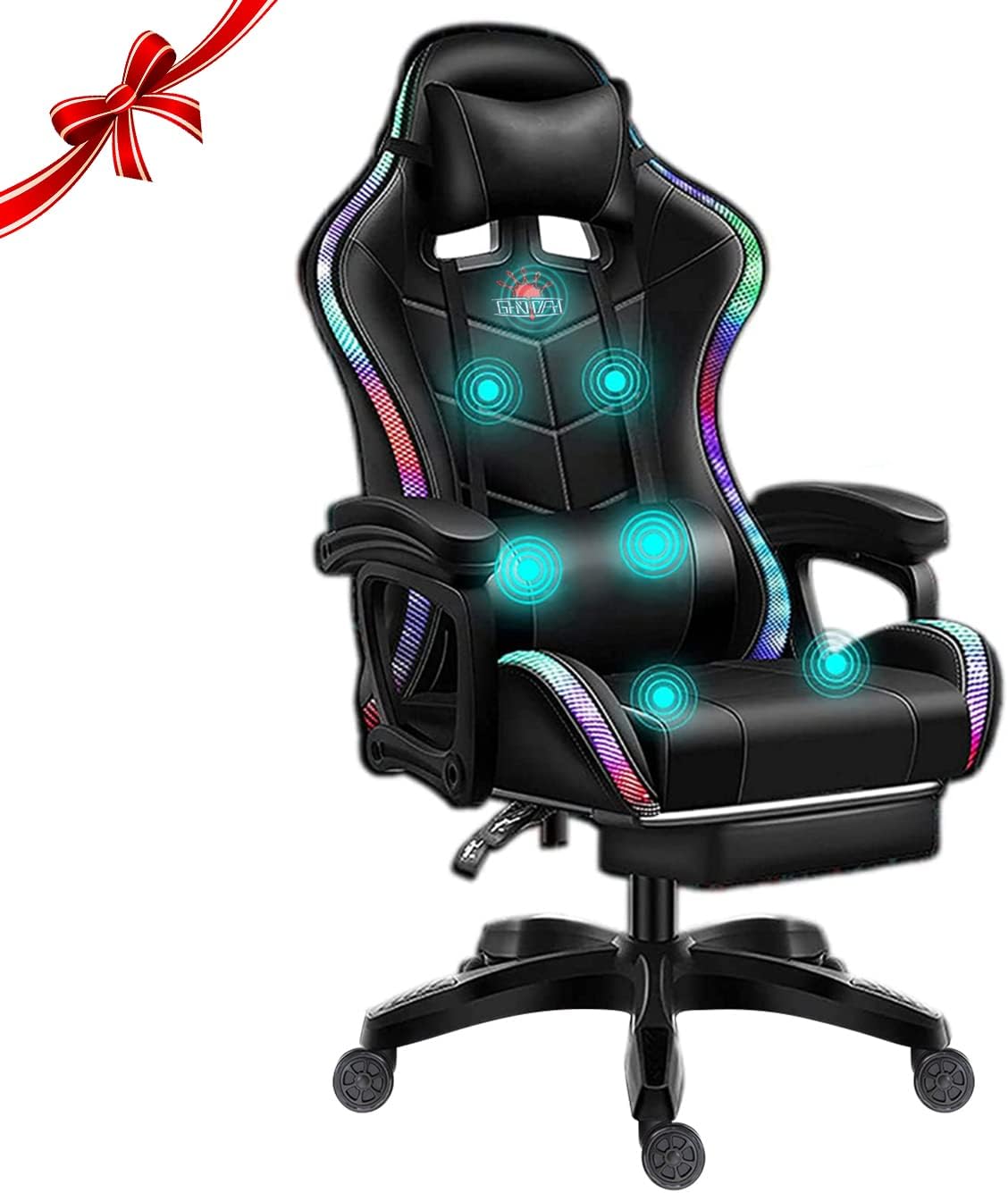 Gaming Chair with RGB LED Lights, Ergonomic Massage Computer Gaming Chair with Footrest and Bluetooth Speakers, High Back Video Game Chair with Swivel Seat, Headrest and Lumbar Support,Black