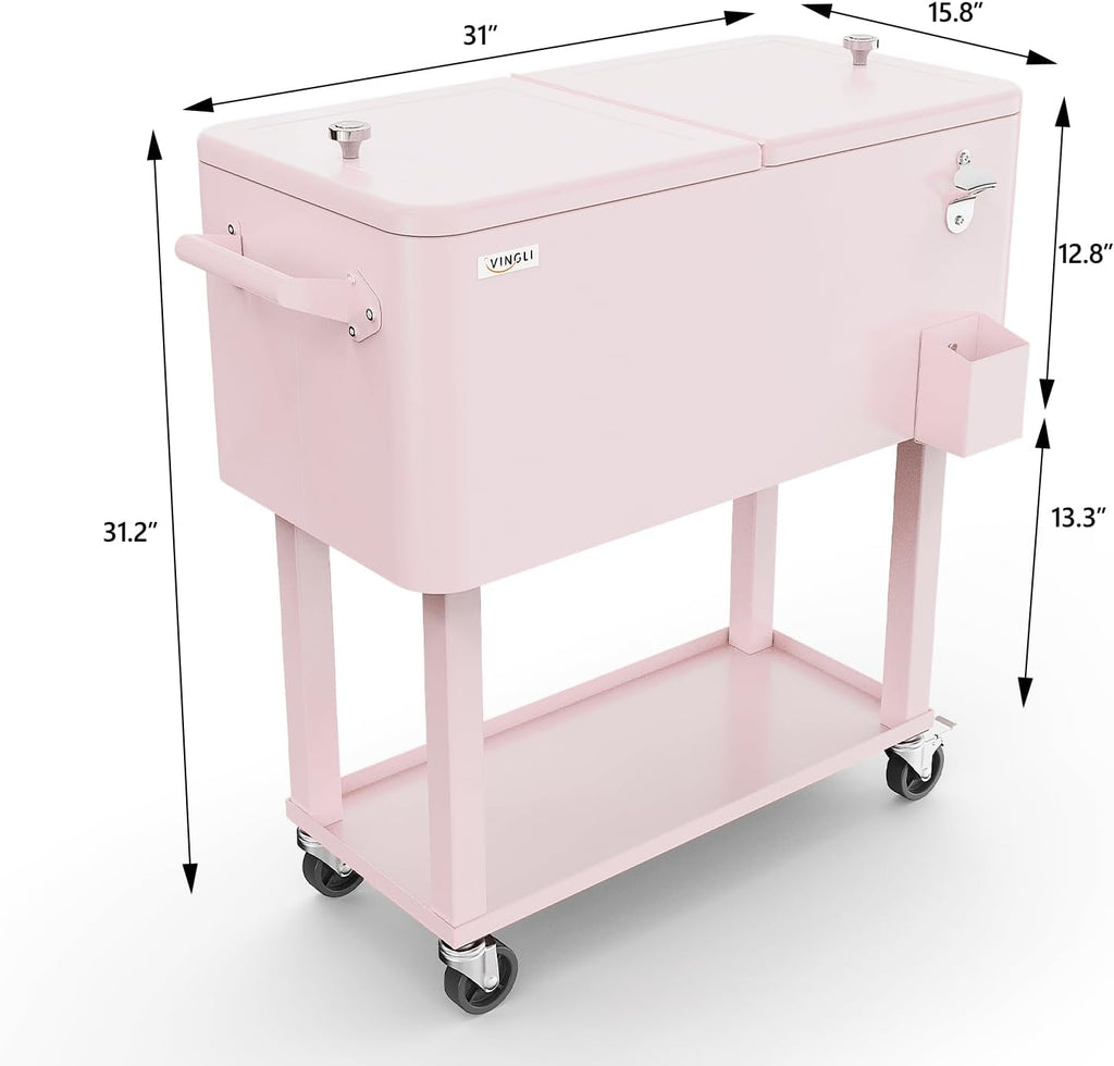 VINGLI Rolling Ice Chest, Portable Patio Party Bar Drink Cooler Cart, with Shelf, Beverage Pool with Bottle Opener