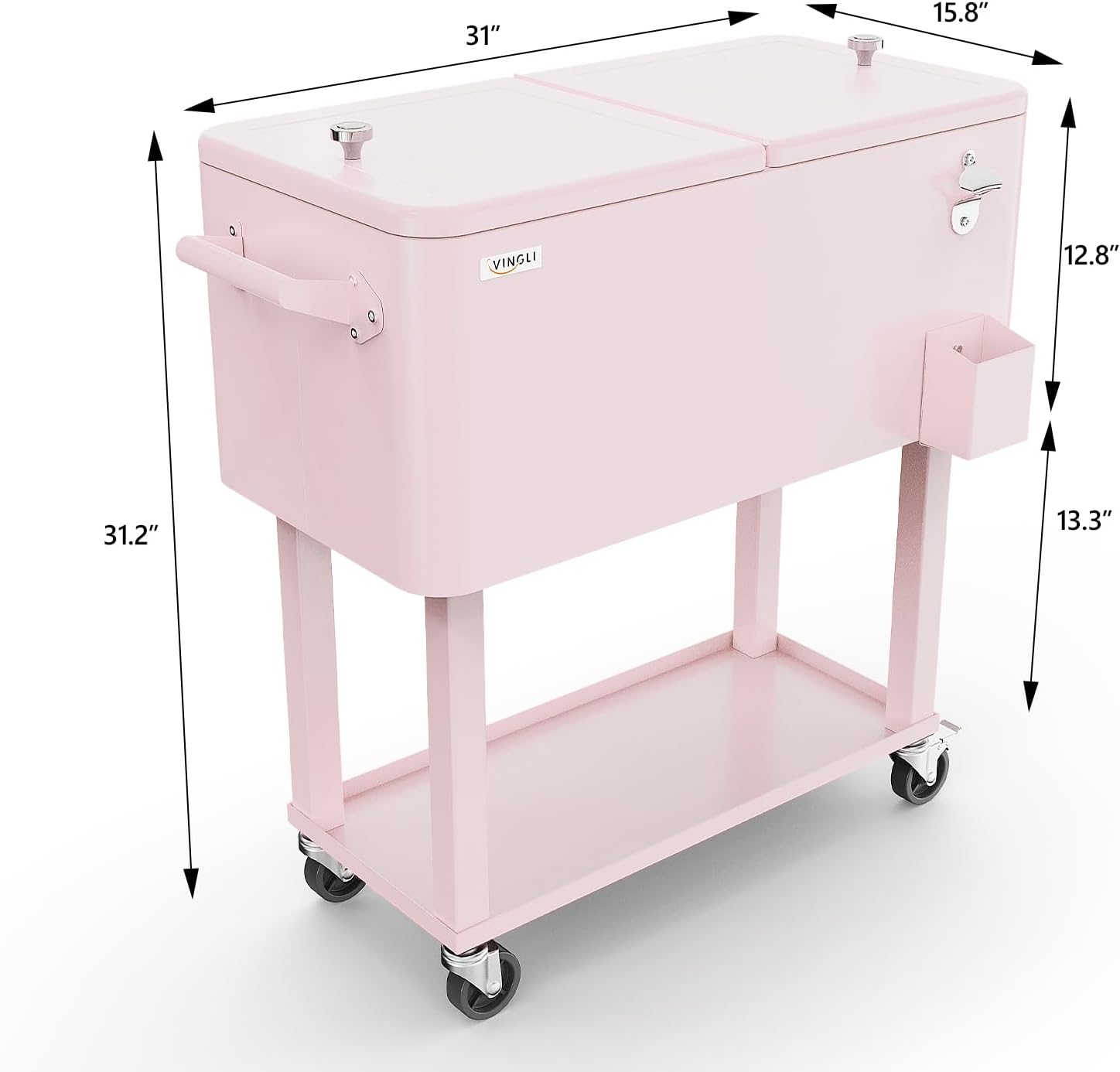 VINGLI Rolling Ice Chest, Portable Patio Party Bar Drink Cooler Cart, with Shelf, Beverage Pool with Bottle Opener
