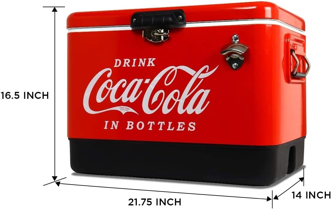Coca-Cola Ice Chest Cooler - Portable Ice Bucket with Bottle Opener, Vintage Style, Insulated for Camping, Beach, Picnic, RV, BBQs, Tailgating, Fishing, Stainless Steel 85 Can Ice Box, 51L (54 qt)