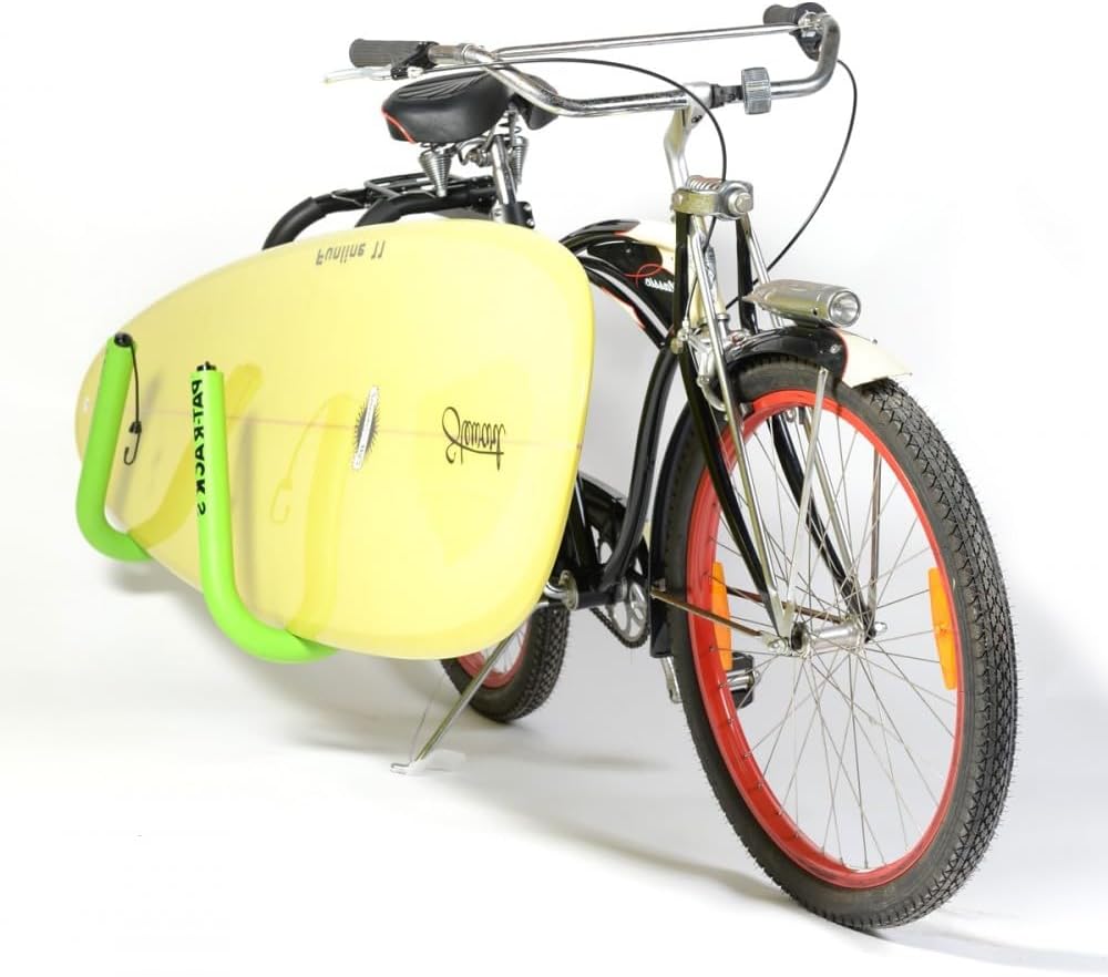 PAT RACKS Premium Longboard Bike Rack – Dual Arm Bicycle Carrier, 12mm Foam, Adjustable Seat Post Attachment, Easy Fast Install, Longboards, SUP Paddle Boards, Shortboards, Bodyboards, Boogie Boards