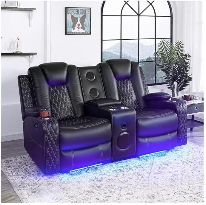 Naomi Home Chicago Home Theater Recliner Chair – Bluetooth Speakers, Wireless Charging, Power Recline, Adjustable Headrest, LED Lighting, Cup Holders & Premium Faux Leather for Ultimate Comfort