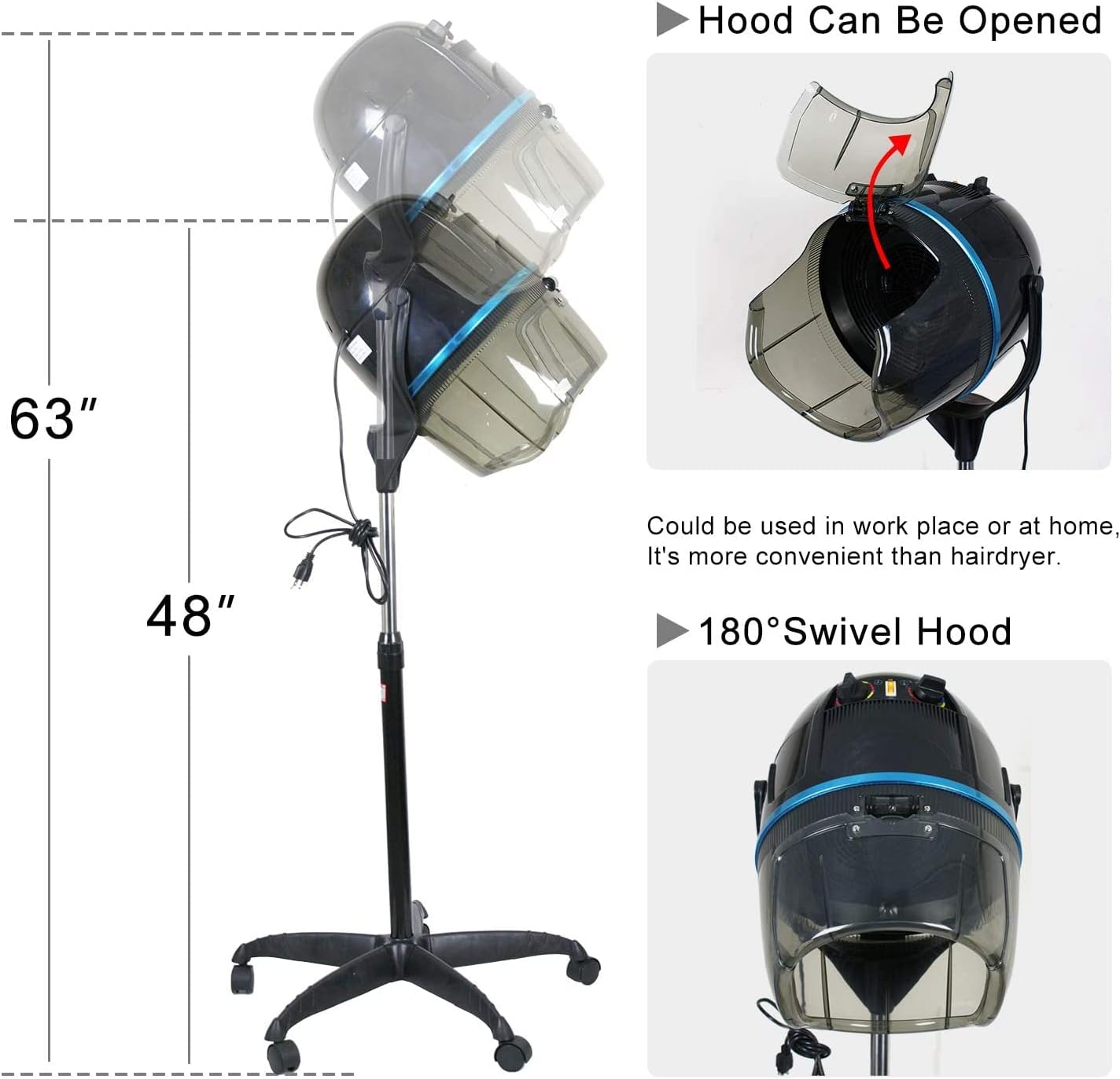 JupiterForce Professional Hooded Floor Hair Dryer 1300W Adjustable Stand Up Bonnet Hair Dryer with Rolling Wheels for Home Salon Spa Beauty Equipment, Black