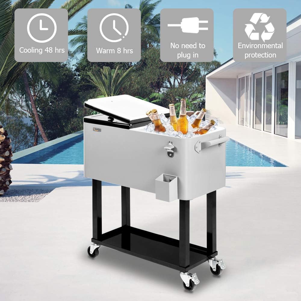 VINGLI Rolling Ice Chest, Portable Patio Party Bar Drink Cooler Cart, with Shelf, Beverage Pool with Bottle Opener