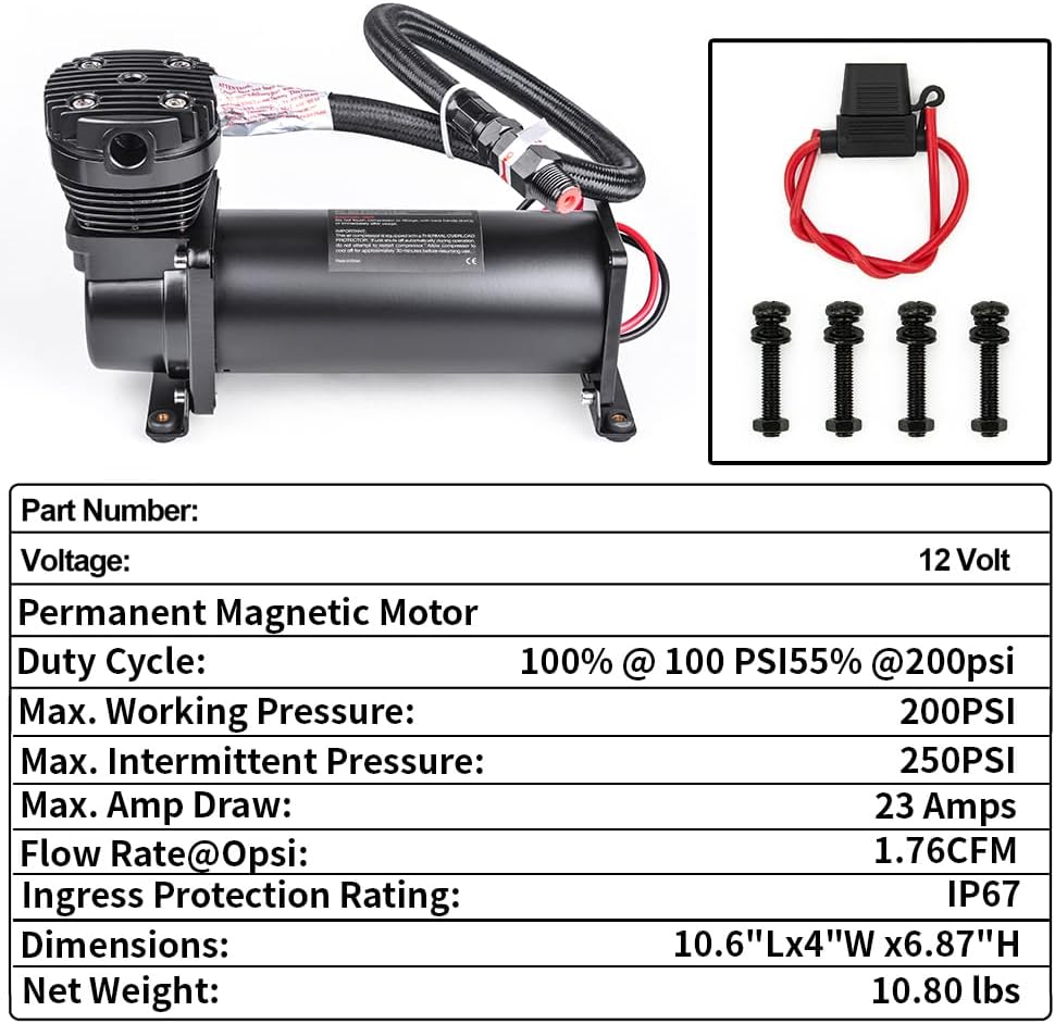 Heavy Duty 200 PSI Air horn Compressor Dual Value Pack, 3/8 NPT Train Horn/Air Ride Compressor, Fittings for 12V Train/Truck/Car,Air Suspension horn Compressor BLACK