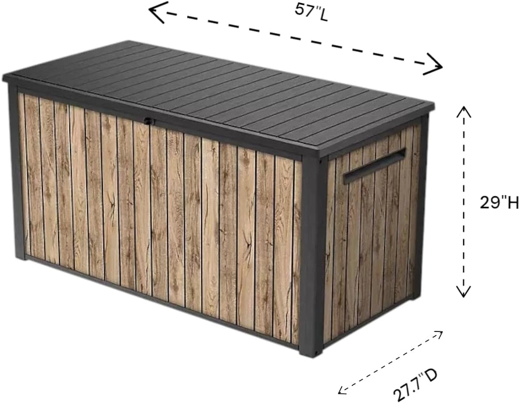 Stylish Indoor/Outdoor Storage Deck Box,Resin,Large Capacity, Weather-Resistant, Lockable lid and Side handles. (Rust Wood Brown, 170 Gallon)