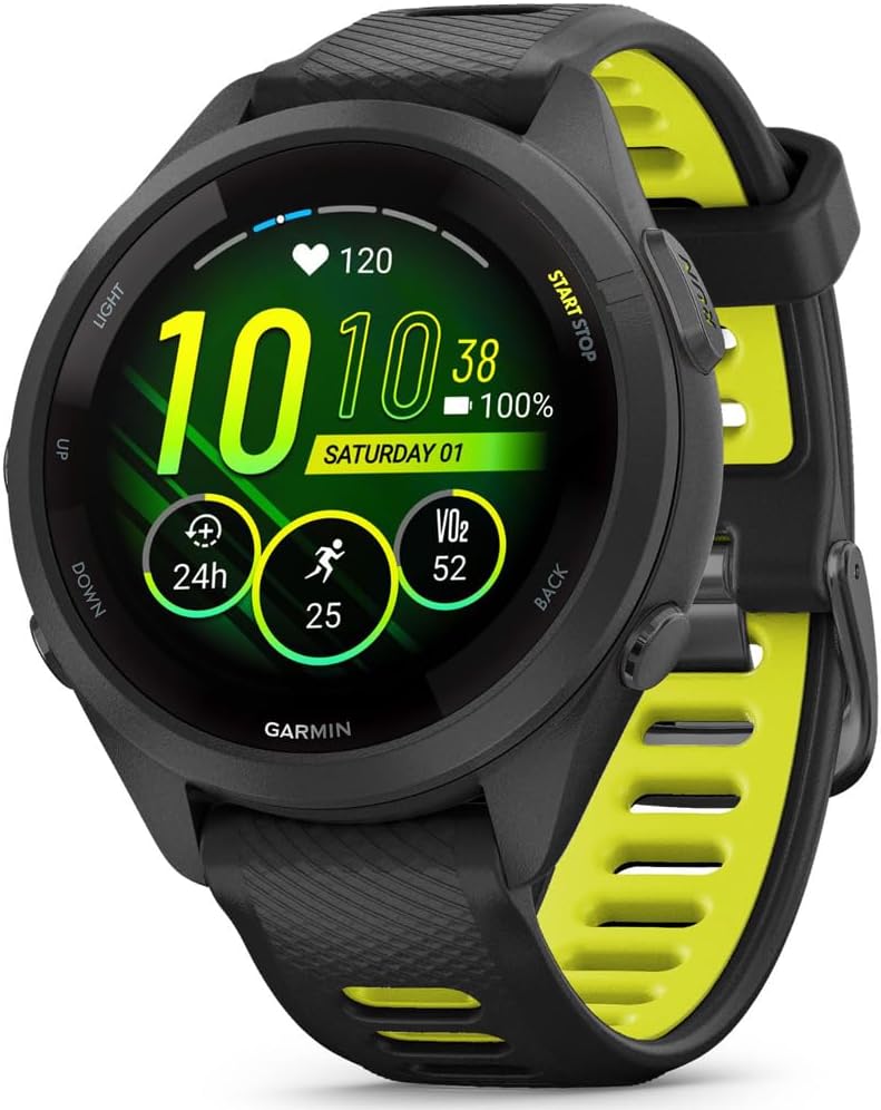 Garmin 010-02810-03 Forerunner 265S GPS Smartwatch, Black/Amp Yellow Bundle with Workout Cooling Sport Towel + Deco Essentials Wearable Commuter Front & Rear Safety Light