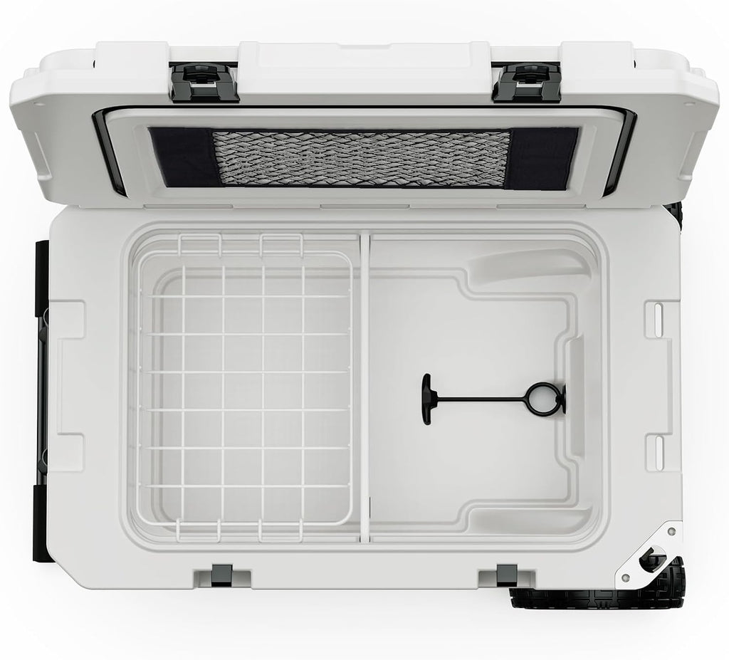 55 Quart Cooler with Wheels, Ice Chests Portable Camping Cooler Holds Ice up to 6 Days, Leak-Proof Outdoor Insulated Cooler with Handle, Cup Holders, Hard Cooler for Camping, Beach, Boat