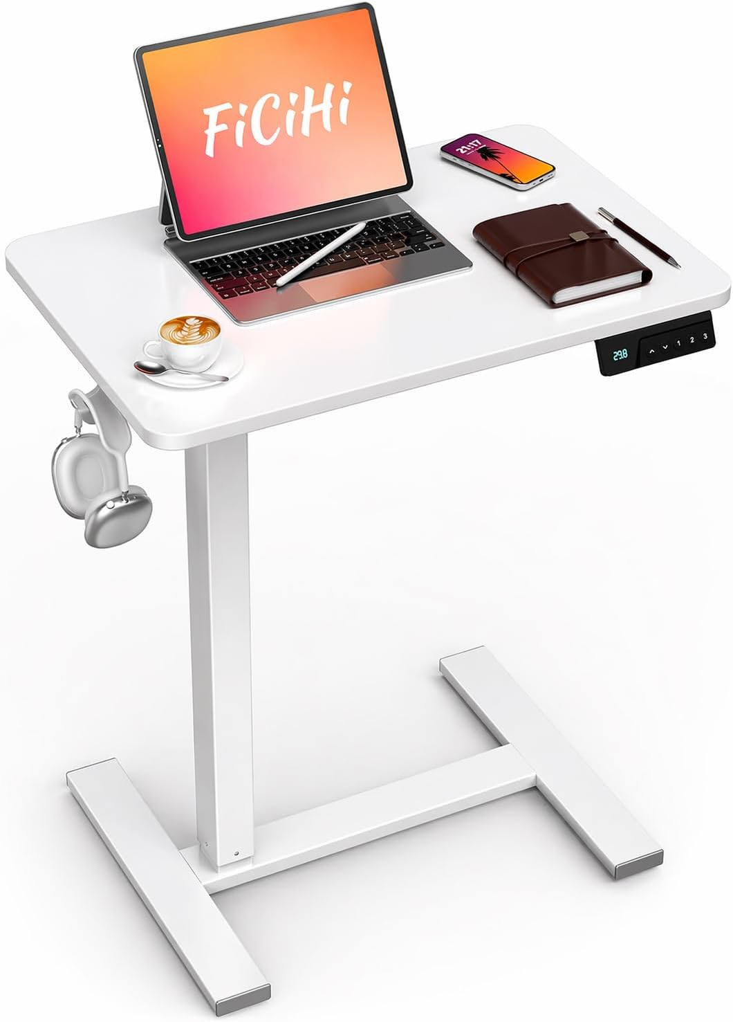 FiCiHi Small Electric Standing Desk - Adjustable Height Bedside Laptop Table with Wheels, Mobile, Portable Rolling Computer Workstation Sit Stand Table for Home Office, Sofa, Couch Use (24x16, White)