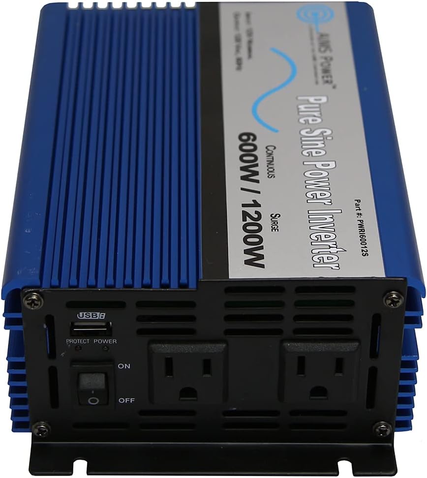 AIMS Power PWRI60012120s UL 600 WATT Pure SINE Inverter 12 VDC to 120 VAC ETL Listed USB, Cables and Remote Port
