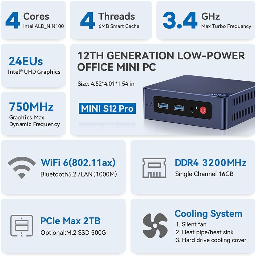 Beelink Mini PC, Mini Computer Mini S12 12th Gen Quad-Core N95, Desktop Computers 8G DDR4 RAM 256G SSD, Small PC 4K UHD Dual HDMI, Dual WiFi/Gigabit Ethernet/BT4.0 for Office/HTPC/Home/W11 Home
