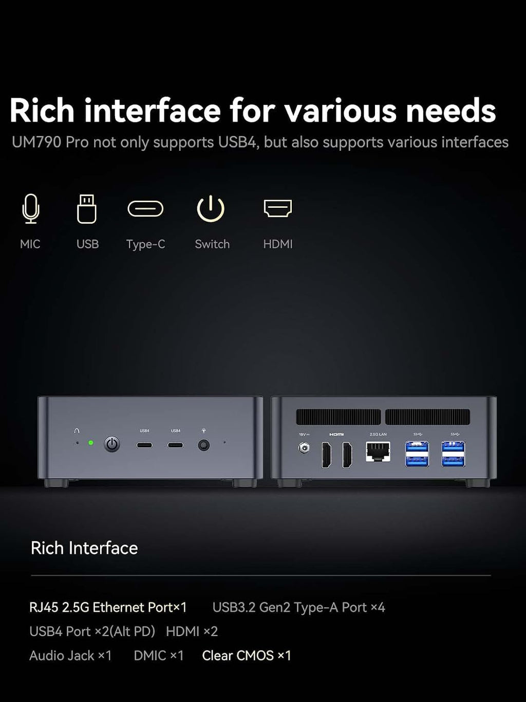 MINISFORUM Venus UM790 Pro Mini PC AMD Ryzen 9 7940HS up to 5.2 GHz 32 GB DDR5 512GB SSD with AMD Radeon 780M, 4X USB3.2, 2X USB4, 2xHDMI 2.1, 2X PCIe4.0, Wi-Fi 6E/BT5.3, RJ45 2.5 G