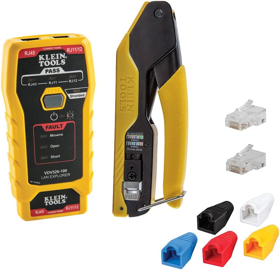 Klein Tools 80093 Cable Tester, VDV LAN Kit with LAN Tester, Pass Thru Crimper, CAT6/CAT5e Plugs and Strain Relief Boots, 5-Piece
