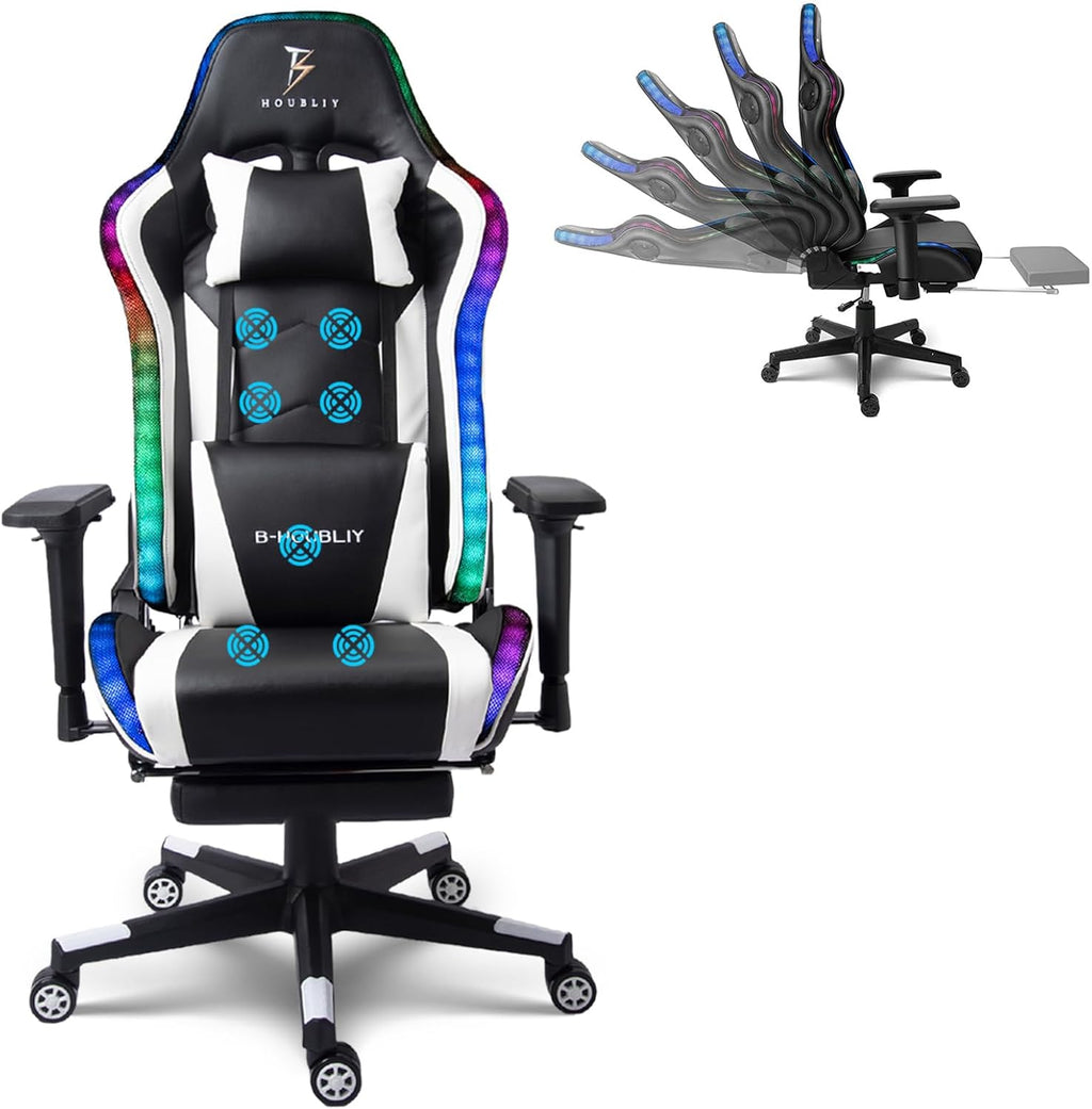 Gaming Chair with Speakers, Ergonomic Gaming Chair with Footrest and LED Lights,Comfortable Computer Reclining,Gaming Chair with Massage Function,Teen/Adult Computer Chair,White