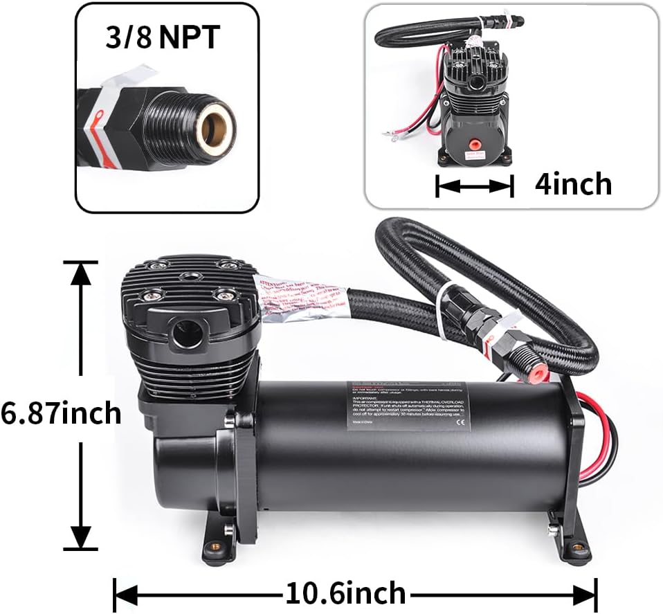 Heavy Duty 200 PSI Air horn Compressor Dual Value Pack, 3/8 NPT Train Horn/Air Ride Compressor, Fittings for 12V Train/Truck/Car,Air Suspension horn Compressor BLACK