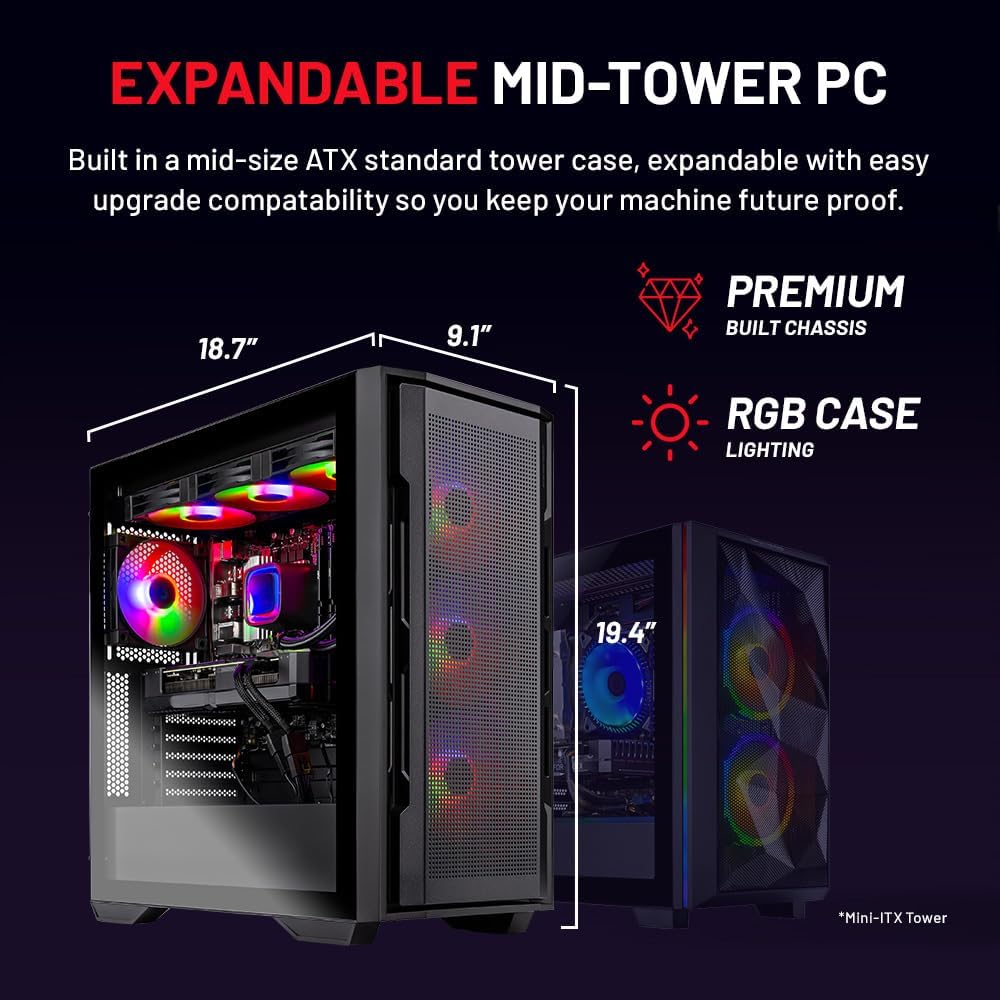 Skytech Gaming Rampage Desktop PC, Intel i7 14700F 2.1 GHz (5.3GHz), AMD RX 9060XT 8GB, 1TB NVMe SSD, 16GB DDR5 RAM 5200, 850W Gold ATX 3 PSU, 360mm ARGB AIO, Wi-Fi, Win 11