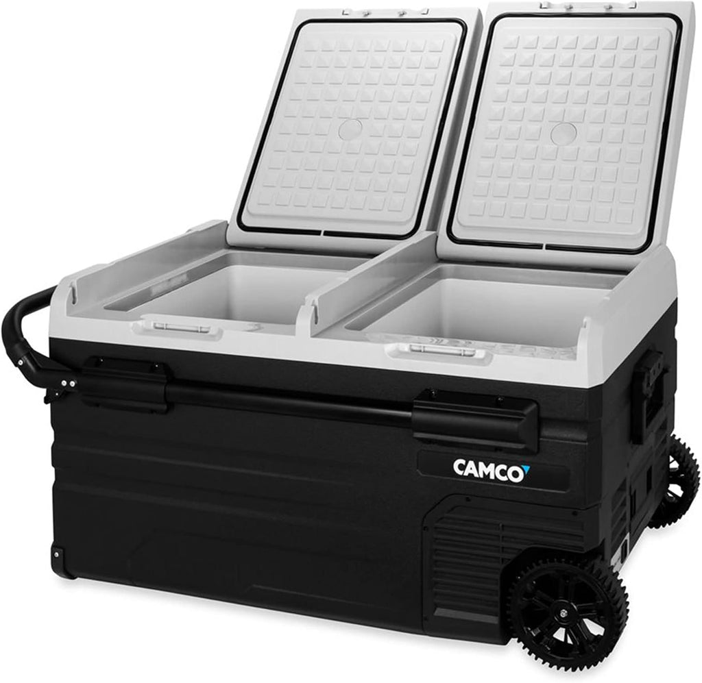 Camco 51520 CAM-750 Portable Refrigerator, AC 110V/DC 12V Compact Fridge/Freezer with Dual Zone Cooling, 75-Liter - Keeps Food and Drinks Cold While On-the-Go - Ideal for Road Trips, RVing, Camping, B , Black
