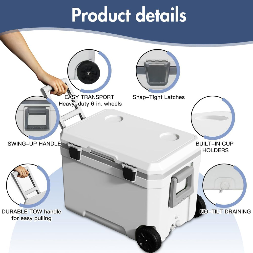 Ultra-Light Wheelded Cooler Insulated Portable Ice Chest 47.5 Quarts for Beach, Beverage, Camping, Beverage, Picnic, Fishing, Boat, Barbecue, 30% Lighter Than Romolded Coolers