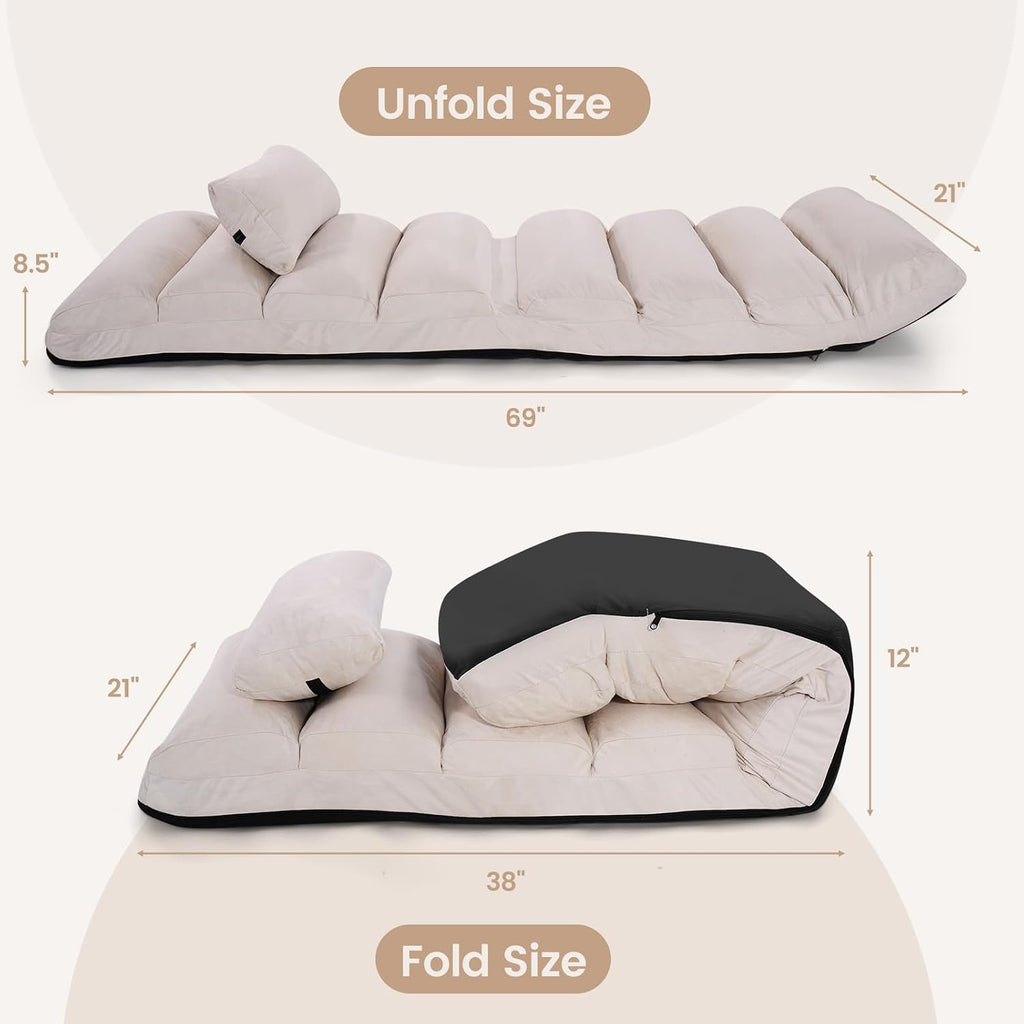 KOMFOTT Foldable Floor Lazy Sofa with Pillow, Indoor Chaise Lounge with 5 Adjustable Positions, Adjustable Back Support & Footrest, Video Gaming Chair for Home, Office, Reading, Watching (Beige)