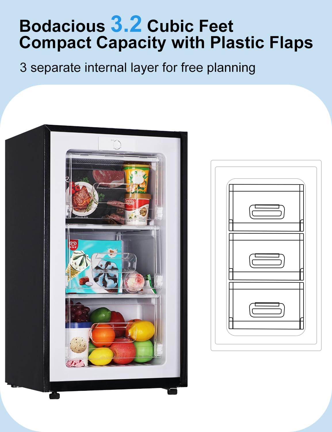 Upright Freezer, 3.2 Cu Ft Mini Small Freezer for 1-2 People, Portable Compact Freezer with 3 Plastic Baffles, 4D Cooling & 40dB Ultra-Quiet, Fast Freeze (-13°F) - Silver