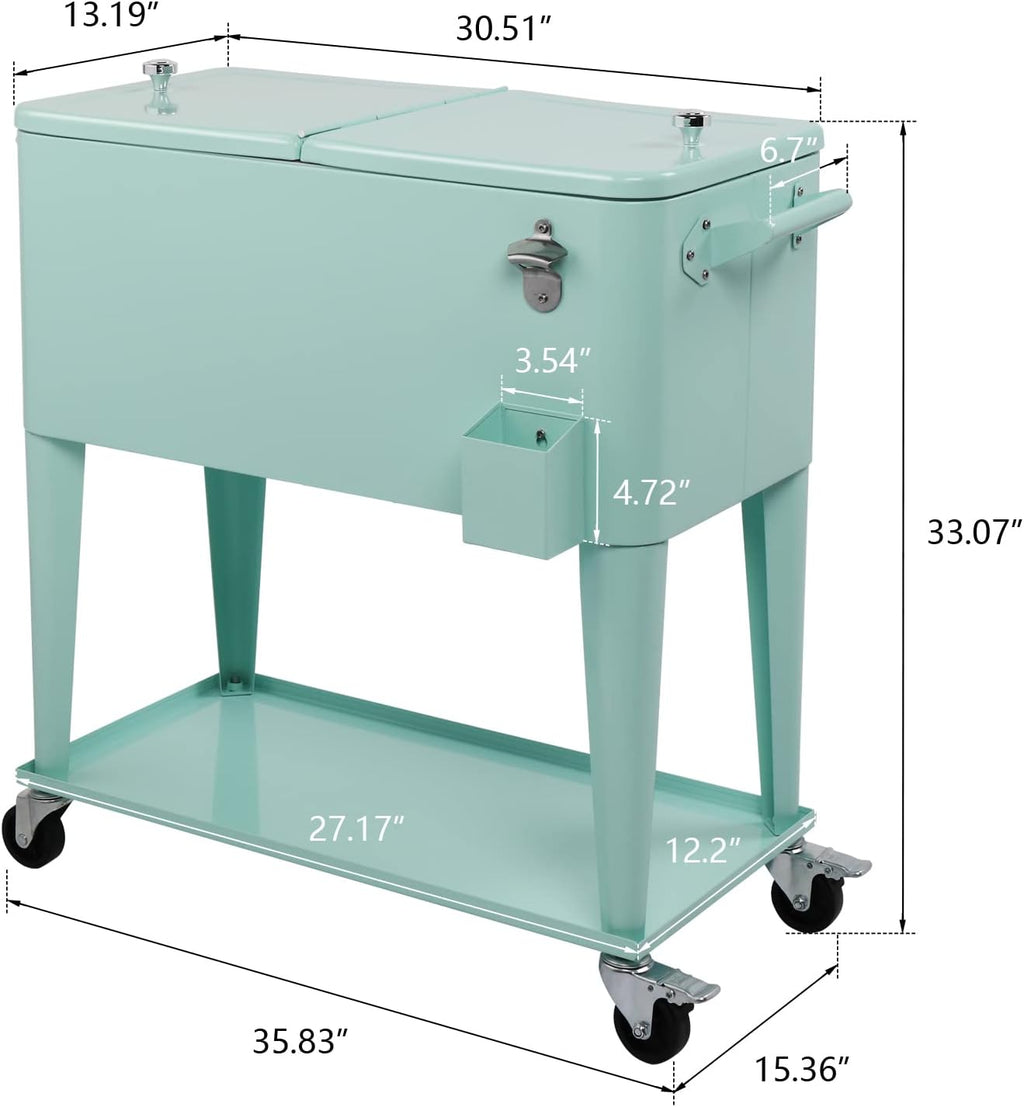 VINGLI 80 Quart Rolling Ice Chest on Wheels, Portable Patio Party Bar Drink Cooler Cart, with Shelf, Beverage Pool with Bottle Opener,Water Pipe