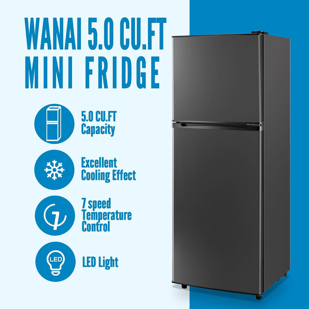 WANAI Large Capacity Fridge with Freezer, 5.0 CU.FT Refrigerator with 2 Door & 7 Gear Mechanical Control & Side Bottle Rack, LED Light, Ideal for Dorm, Kitchen, Apartment, Office, Dark Gray