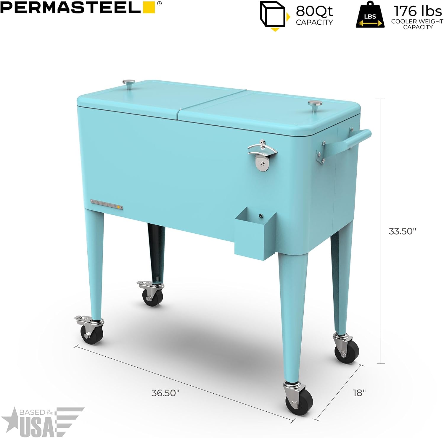 Permasteel 80-Qt Large Outdoor Patio Cooler with Wheels & Handles, Portable Rolling Hard Cooler for Outside, Retro Ice Cooler Cart, Beverage Can Coolers for Backyard Parties