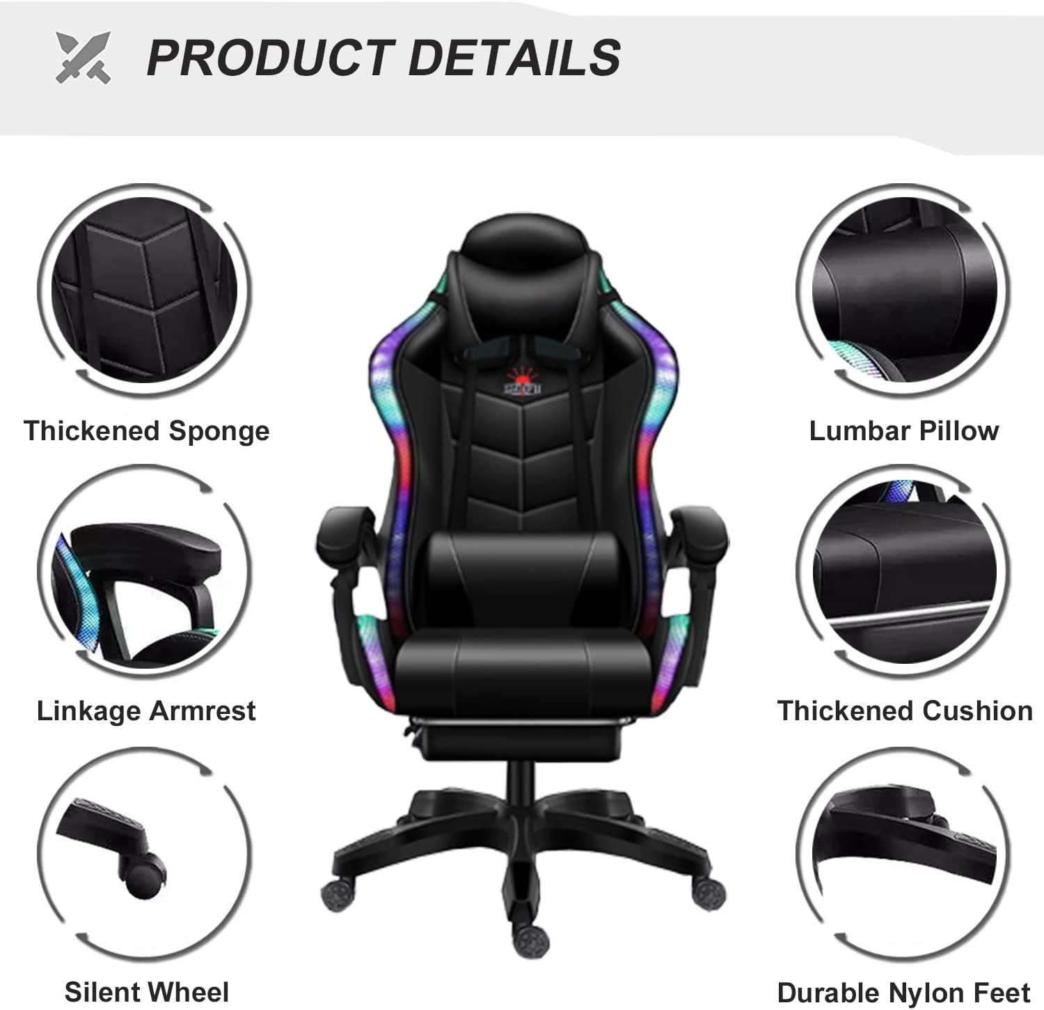 XOOFMASS Gaming Chair with Speakers Video Game Chair with RGB LED Lights Ergonomic Racing Office Chair, PU Leather Recliner Computer Chair Swivel E-Sports Chair with Armrest and Lumbar Support,Red