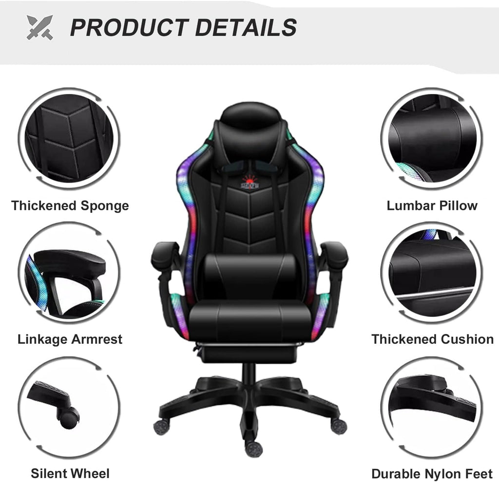 XOOFMASS Gaming Chair with Speakers Video Game Chair with RGB LED Lights Ergonomic Racing Office Chair, PU Leather Recliner Computer Chair Swivel E-Sports Chair with Armrest and Lumbar Support,White
