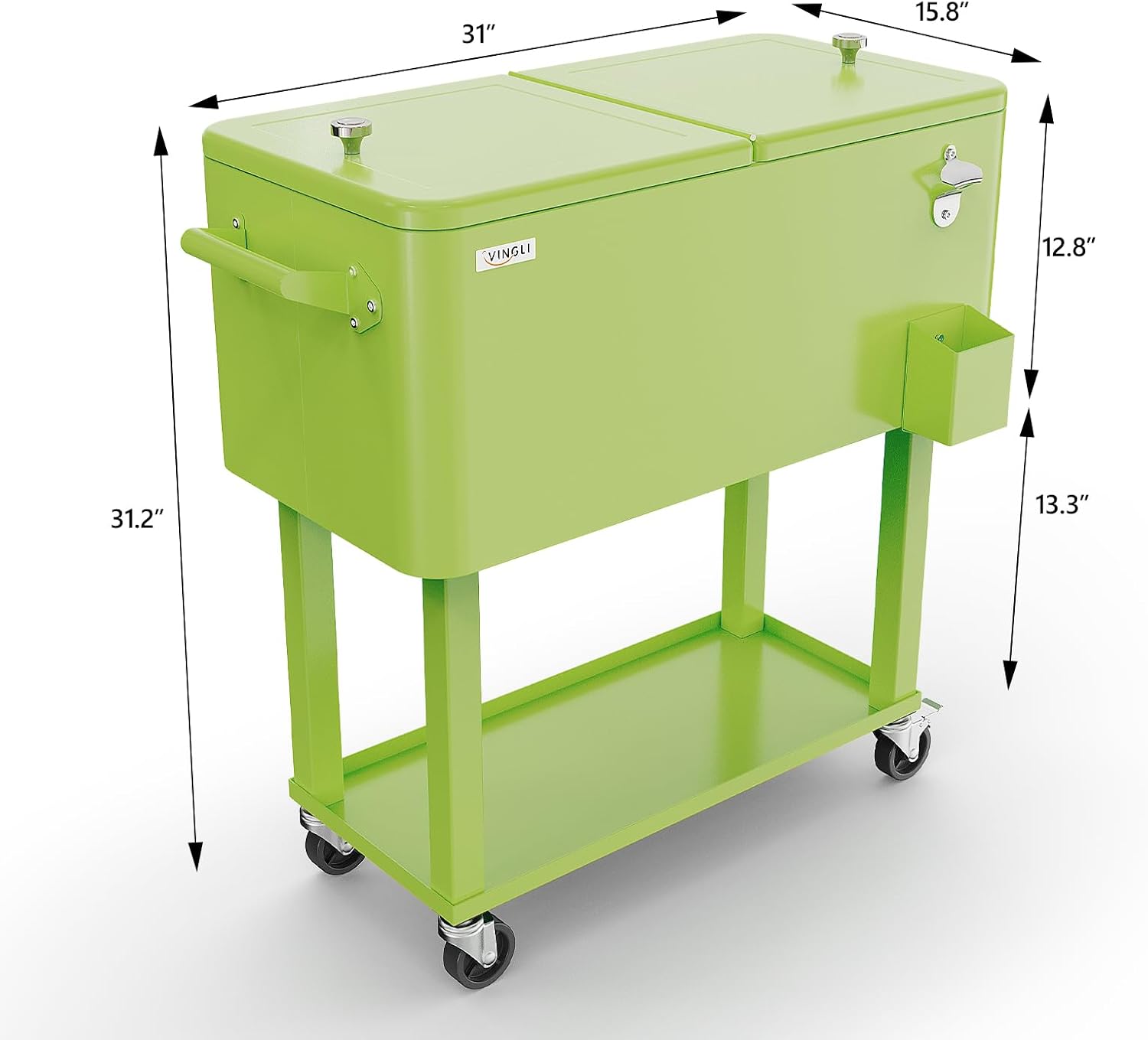 VINGLI 80 Quart Rolling Ice Chest, Portable Patio Party Bar Drink Cooler Cart, with Shelf, Beverage Pool with Bottle Opener Light Green