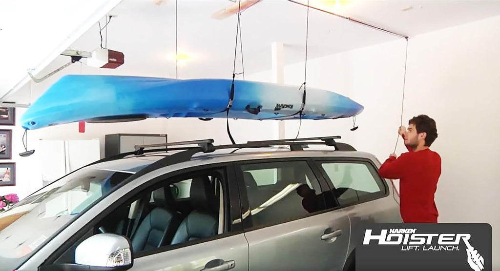 HARKEN Hoister Overhead Garage Storage Hoist System for Kayaks, Canoes, Surf & Paddle Boards, (60lb Capacity, 12ft Ceiling) Self-Leveling, Safe Anti-Drop, Easy One-Person Operation - Model 7801.12